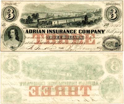 Лот №452,  США. Adrian Insurance Company. Штат Мичиган. 3 доллара 18XX (1853-1855) года.