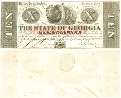 Лот №454,  Конфедеративные штаты Америки. Штат Джорджия. Milledgeville, Ga. 10 долларов 1862 года.