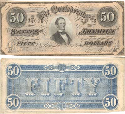 Лот №458,  Конфедеративные Штаты Америки. Ричмонд, 50 долларов 1864 года.