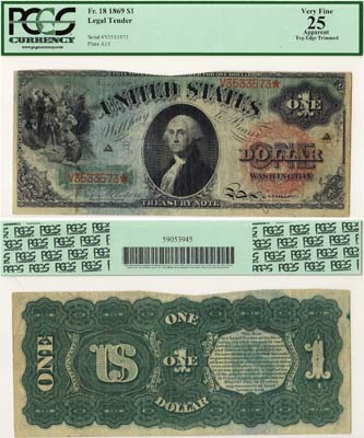 Лот №459,  США. Вашингтон. Казначейский знак. 1 доллар 1869 года. В слабе PCGS 25 Very Fine.