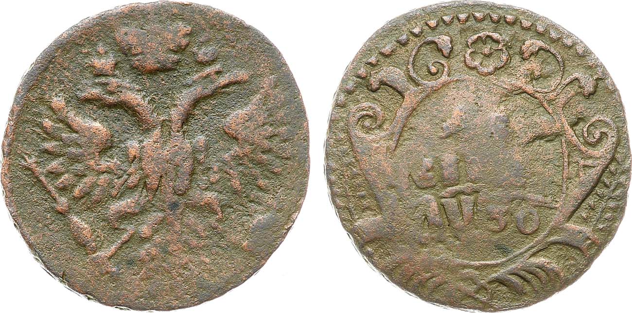 Лот №727, Денга 1730 года. Перечекан из копейки Петра I.