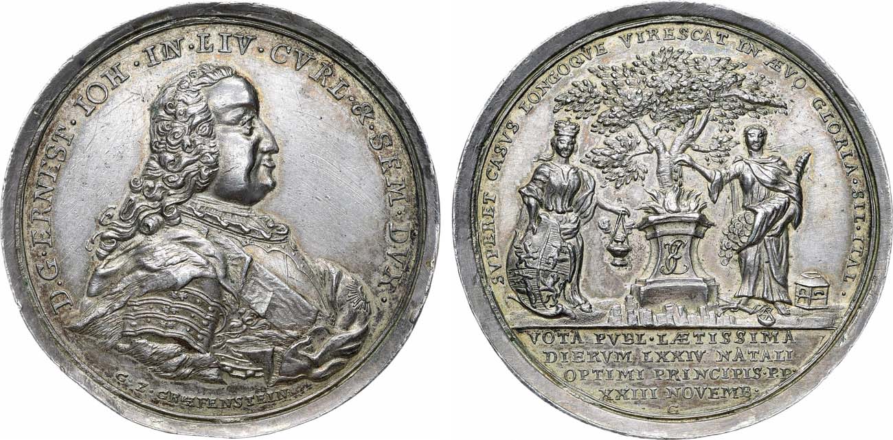 Лот №848, Медаль 1771 года. 74-ая годовщина герцога Эрнеста Иоанна Бирона.