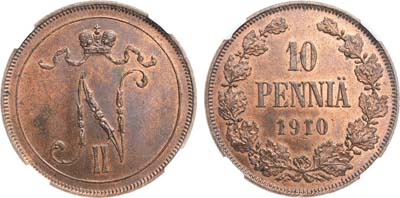 Лот №1490, 10 пенни 1910 года. В слабе ННР MS 63 RB.