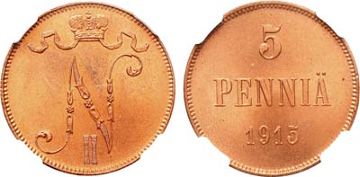 Лот №1560, 5 пенни 1915 года. В слабе NGC MS 64 RD.