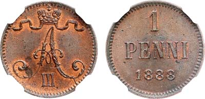 Лот №1332, 1 пенни 1888 года. В слабе Слаб РФ MS 65 BN.