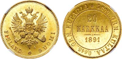 Лот №1343, 20 марок 1891 года. L. В слабе NGC MS 62.