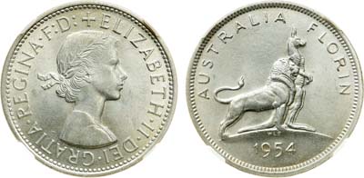 Лот №175,  Австралия. Королева Елизавета II. 2 шиллинга (флорин) 1954 года. Королевский визит в Австралию. В слабе Слаб РФ MS 63.