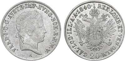 Лот №180,  Австрия. Империя. Император Фердинанд I. 20 крейцеров 1840 года.