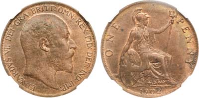 Лот №225,  Великобритания. Король Эдуард VII. 1 пенни 1902 года. В слабе ННР MS 62 RB.