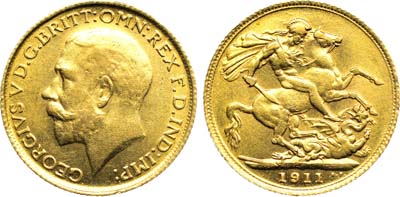 Лот №226,  Великобритания. Король Георг V. Соверен 1911 года. КОПИЯ.