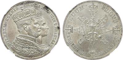 Лот №238,  Германия. Королевство Пруссия. Талер 1861 года. Коронация короля Вильгельма I и королевы Августы.. В слабе ННР MS 62.