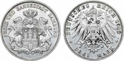 Лот №257,  Германия. Империя. Вольный город Гамбург. 3 марки 1910 года.