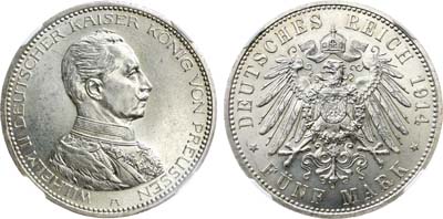 Лот №263,  Германия. Империя. Королевство Пруссия. Король Вильгельм II. 5 марок 1914 года. В слабе ННР MS 61.