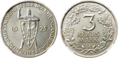 Лот №276,  Германия. Веймарская республика. 3 рейхсмарки 1925 года. В слабе NRG MS 64.