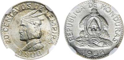 Лот №295,  Гондурас. 20 сентаво 1958 года. Индеец. В слабе NGC MS 66.