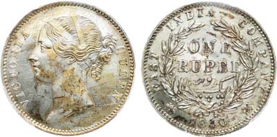 Лот №304,  Индия. Британская Колония. Королева Виктория. 1 рупия 1840 года. В слабе PCGS MS 63.