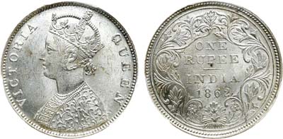 Лот №305,  Индия. Британская Индия. Колония. Королева Виктория. 1 рупия 1862 года. В слабе PCGS MS 63.