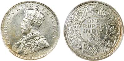 Лот №309,  Индия. Британская Индия. Колония. Король Георг V. 1 рупия 1920 года. В слабе PCGS MS 64.