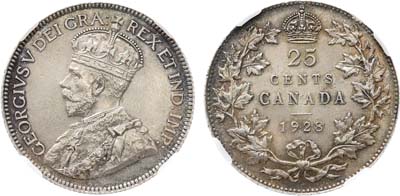 Лот №335,  Канада. Король Георг V. 25 центов 1928 года. В слабе ННР MS 63.