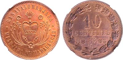 Лот №358,  Мадагаскар. Принцесса Ранавалона III. 10 сантимов 1883 года. Пробная. В слабе NGC MS 64 RB.