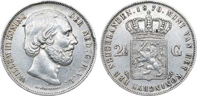 Лот №377,  Нидерланды. Королевство. Король Виллем III. 2 1/2 гульдена 1870 года.