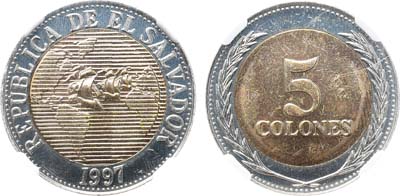Лот №431,  Сальвадор.  5 колонов 1997 года. Открытие Америки. В слабе NGC MS 64.