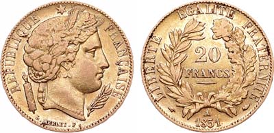 Лот №479,  Франция. Вторая Республика. 20 франков 1851 года.