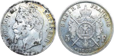 Лот №481,  Франция. Вторая империя. Император Наполеон III. 5 франков 1868 года.