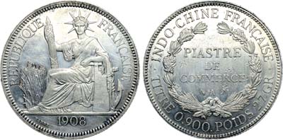 Лот №512,  Французский Индокитай. Колония. 1 пиастр 1908 года.