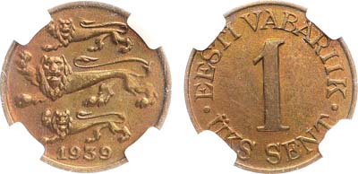 Лот №537,  Эстония. Первая республика. 1 цент 1939 года. В слабе ННР MS 63 BN.