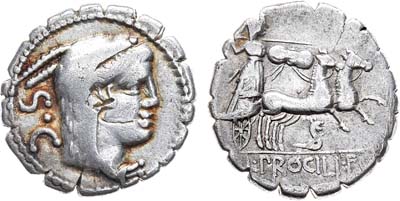 Лот №66,  Римская Республика. Монетарий Луций Процилий. Серратный Денарий. 80 г. до н.э..