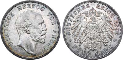 Лот №30,  Германская империя. Герцогство Анхальт. Герцог Фридрих I. 5 марок 1896 года.