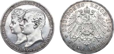 Лот №31,  Германская империя. Великое герцогство Мекленбург-Шверин. Великий герцог Фридрих Франц IV. 5 марок 1904 года.