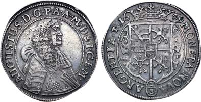 Лот №14,  Германия. Архиепископство Магдебург. Архиепископ Август Саксен-Вейсенфельсский. 2/3 талера 1669 года  .