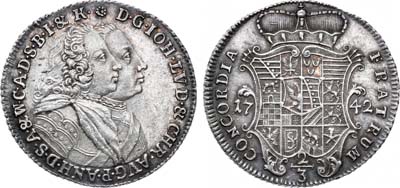 Лот №19,  Германия. Княжество Ангальт-Цербст. Иоганн Людвиг и Кристиан Август. 2/3 талера 1742 года.