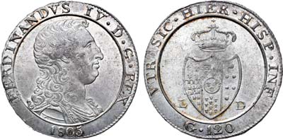 Лот №28,  Италия. Неаполитанское королевство. Фердинанд IV. 120 гран 1805 года. L-P .