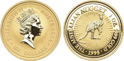 Лот №1,  Австралия. 100 долларов 1995 года. Австралийский самородок - Кенгуру.