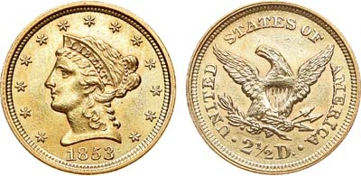 Лот №21,  США. 2 1/2 доллара 1853 года.