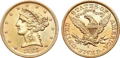 Лот №23,  США. 5 долларов 1905 года.