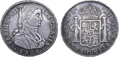Лот №27,  Чили. Испанская колония. Король Испании Фердинанд VII. 8 реалов 1809 года.