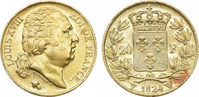 Лот №33,  Королевство Франция. Король Людовик XVIII. 20 франков 1824 года.