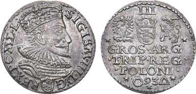Лот №11,  Речь Посполитая. Король Польский и великий князь Литовский Сигизмунд III Ваза. 3 гроша (трояк) 1593 года.