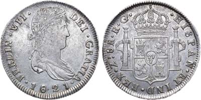 Лот №19,  Мексика. Испанская колония. Война за независимость. Король Фердинанд VII Испанский. 8 реалов 1821 года.