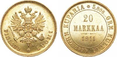 Лот №574, 20 марок 1911 года. L. В слабе ННР MS 62.