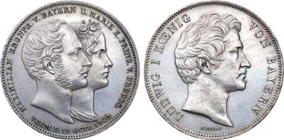 Лот №12,  Королевство Бавария. Король Людвиг I. 2 талера 1842 года. В память бракосочетания наследного принца Баварии Максимилиана и герцогини Марии Прусской.