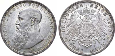Лот №19,  Германская Империя. Герцогство Саксония-Мейнинген. Великий герцог Георг II. 3 марки 1908 года.
