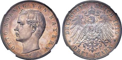 Лот №21,  Германская Империя. Королевство Бавария. Король Отто I. 3 марки 1910 года. В слабе ННР PF 64.