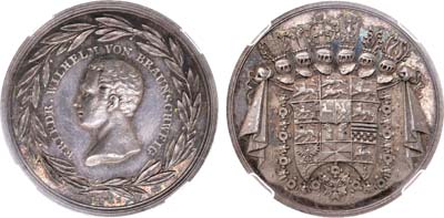 Лот №506, Медаль 1815 года. В честь Фридриха В. Брауншвейгского. В слабе ННР MS 63.
