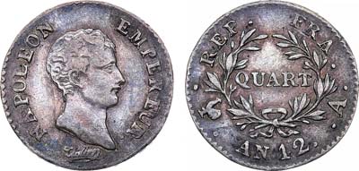 Лот №64,  Франция. Первая Империя. Император Наполеон I Бонапарт. 1/4 франка 1804 года (AN 12) .