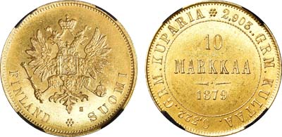 Лот №726, 10 марок 1879 года. S. В слабе RNGA MS 63.